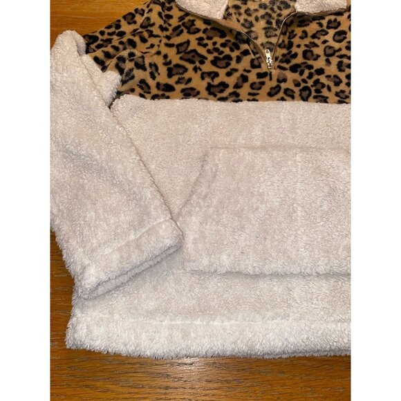 Leopard Print & White Sherpa Quarter-Zip Pullover Sweatshirt For Women - Picture 3 of 5